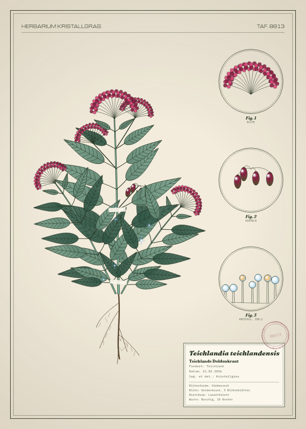 Botanische Tafel: Teichlandia teichlandensis, eine erfundene Pflanze aus Teichland, gezeichnet wie in einem alten Pflanzenatlas