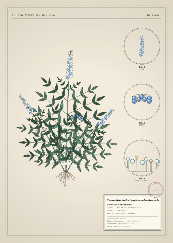 Botanische Tafel: Teinachia badteinachzavelsteinensis, eine erfundene Pflanze aus Bad Teinach-Zavelstein, gezeichnet wie in einem alten Pflanzenatlas