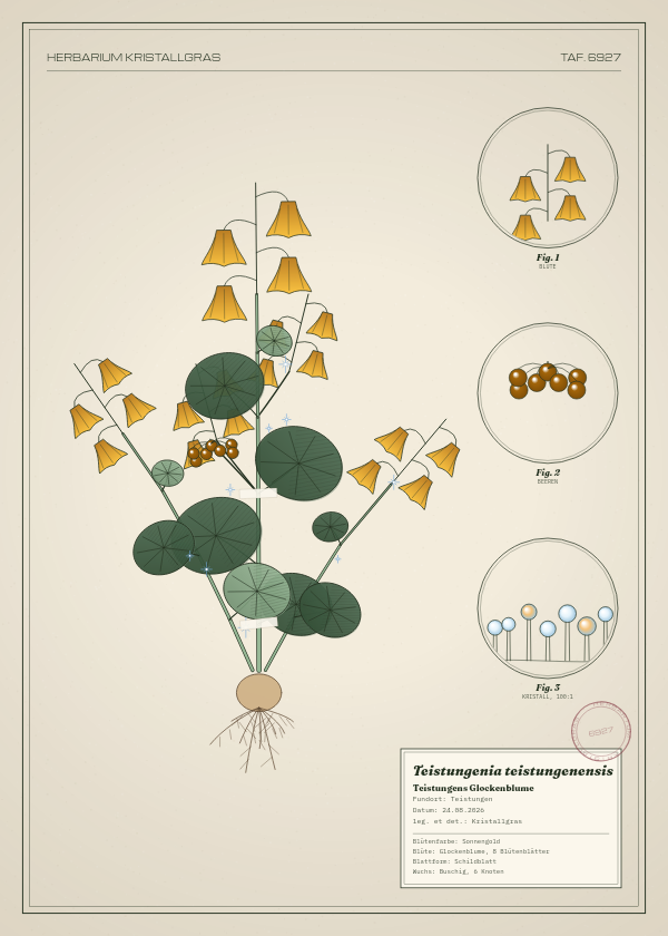 Botanische Tafel: Teistungenia teistungenensis, eine erfundene Pflanze aus Teistungen, gezeichnet wie in einem alten Pflanzenatlas