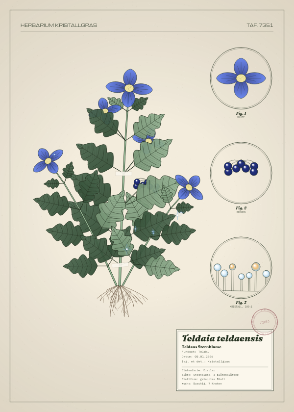 Botanische Tafel: Teldaia teldaensis, eine erfundene Pflanze aus Teldau, gezeichnet wie in einem alten Pflanzenatlas