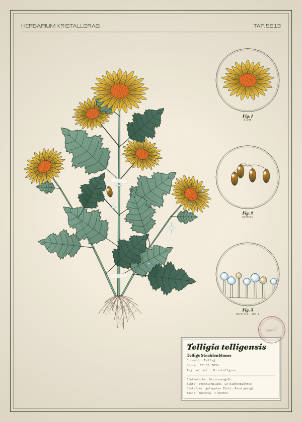 Botanische Tafel: Telligia telligensis, eine erfundene Pflanze aus Tellig, gezeichnet wie in einem alten Pflanzenatlas