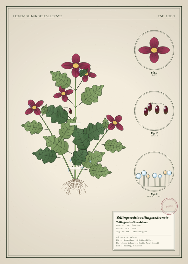Botanische Tafel: Tellingstedtia tellingstedtensis, eine erfundene Pflanze aus Tellingstedt, gezeichnet wie in einem alten Pflanzenatlas