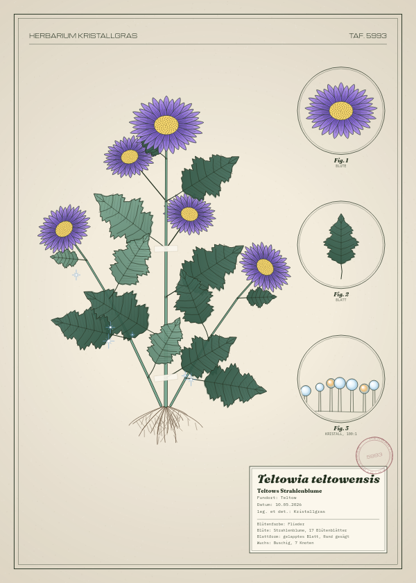 Botanische Tafel: Teltowia teltowensis, eine erfundene Pflanze aus Teltow, gezeichnet wie in einem alten Pflanzenatlas