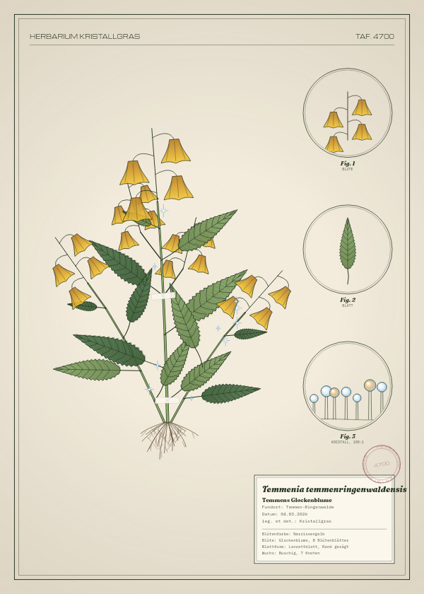 Botanische Tafel: Temmenia temmenringenwaldensis, eine erfundene Pflanze aus Temmen-Ringenwalde, gezeichnet wie in einem alten Pflanzenatlas