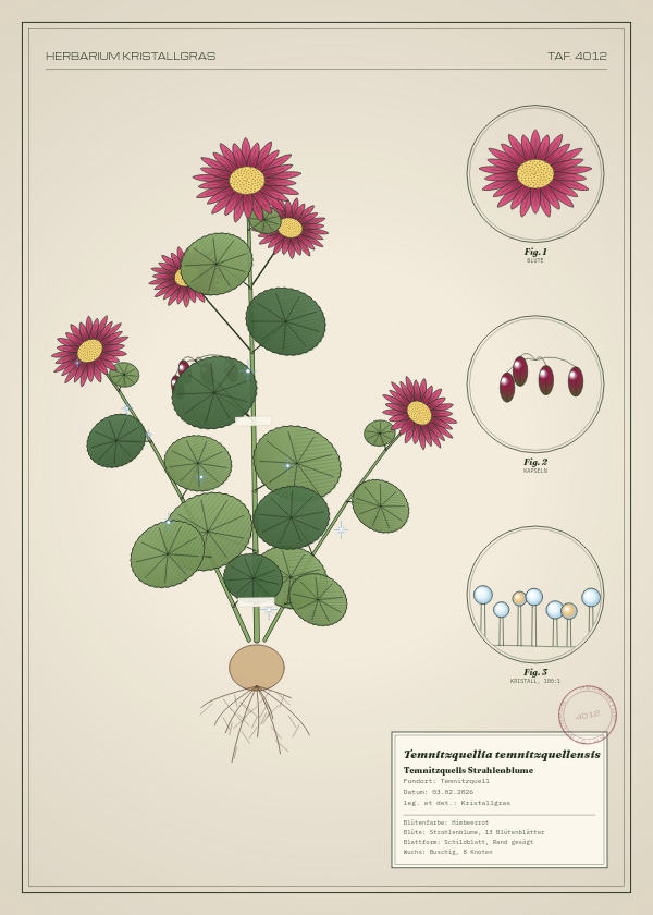 Botanische Tafel: Temnitzquellia temnitzquellensis, eine erfundene Pflanze aus Temnitzquell, gezeichnet wie in einem alten Pflanzenatlas