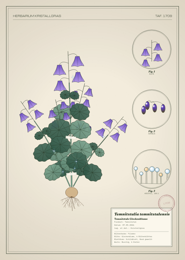 Botanische Tafel: Temnitztalia temnitztalensis, eine erfundene Pflanze aus Temnitztal, gezeichnet wie in einem alten Pflanzenatlas