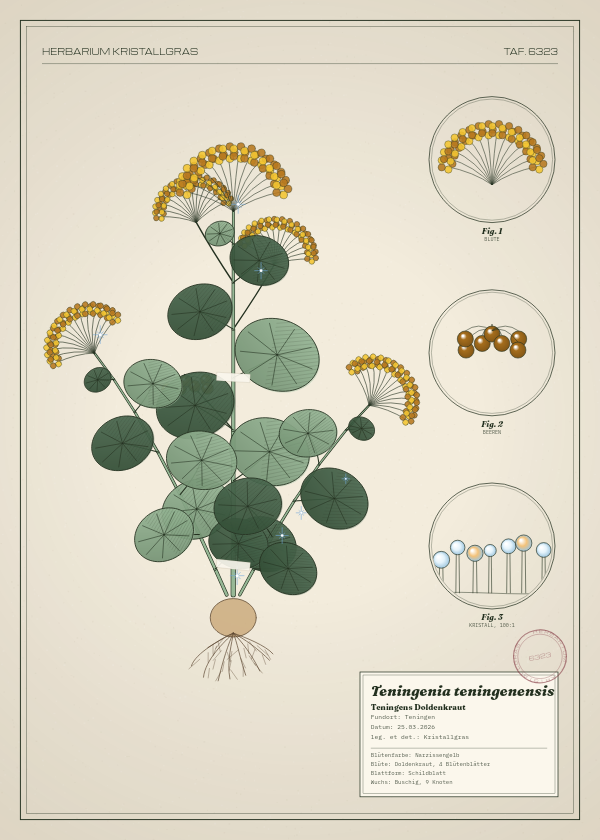 Botanische Tafel: Teningenia teningenensis, eine erfundene Pflanze aus Teningen, gezeichnet wie in einem alten Pflanzenatlas