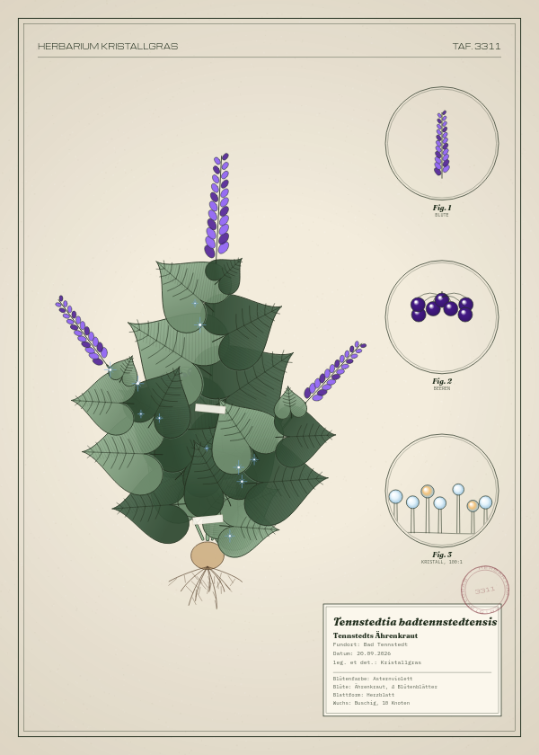 Botanische Tafel: Tennstedtia badtennstedtensis, eine erfundene Pflanze aus Bad Tennstedt, gezeichnet wie in einem alten Pflanzenatlas