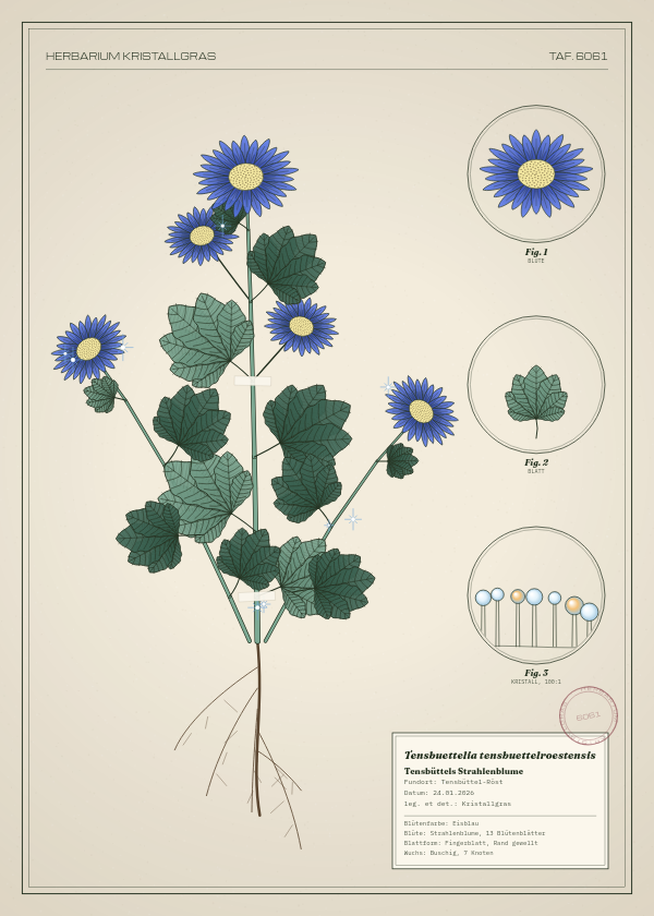 Botanische Tafel: Tensbuettelia tensbuettelroestensis, eine erfundene Pflanze aus Tensbüttel-Röst, gezeichnet wie in einem alten Pflanzenatlas