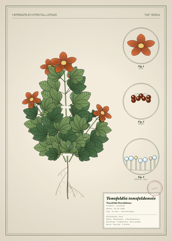 Botanische Tafel: Tensfeldia tensfeldensis, eine erfundene Pflanze aus Tensfeld, gezeichnet wie in einem alten Pflanzenatlas