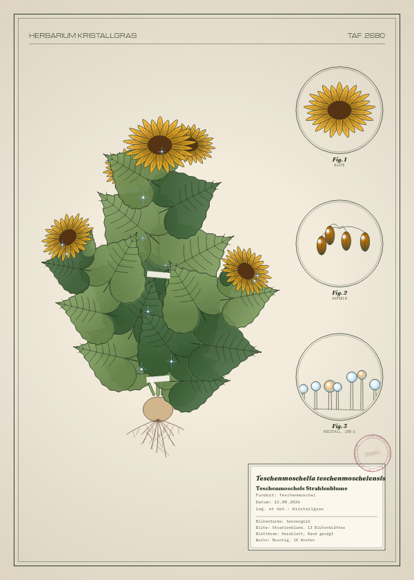Botanische Tafel: Teschenmoschelia teschenmoschelensis, eine erfundene Pflanze aus Teschenmoschel, gezeichnet wie in einem alten Pflanzenatlas
