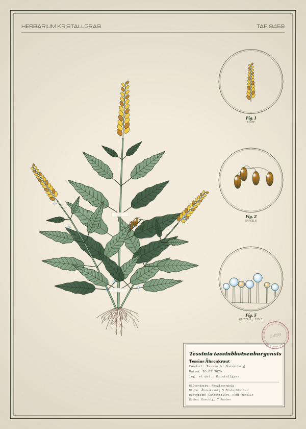 Botanische Tafel: Tessinia tessinbboizenburgensis, eine erfundene Pflanze aus Tessin b. Boizenburg, gezeichnet wie in einem alten Pflanzenatlas