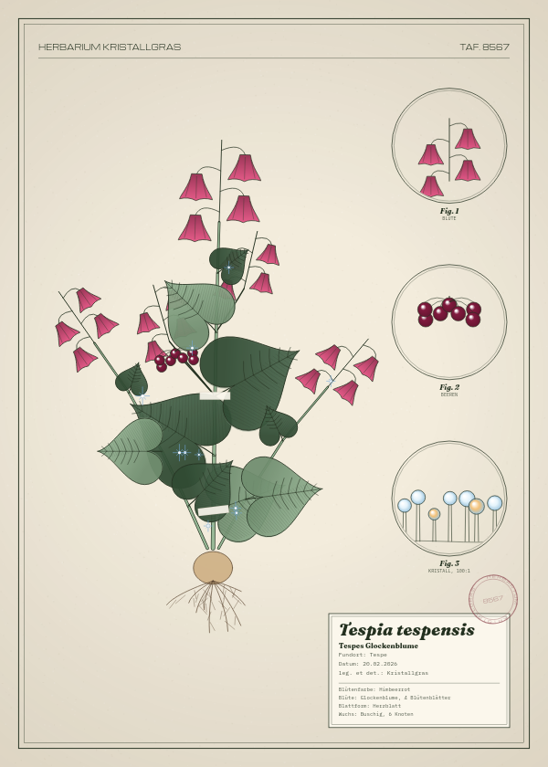 Botanische Tafel: Tespia tespensis, eine erfundene Pflanze aus Tespe, gezeichnet wie in einem alten Pflanzenatlas