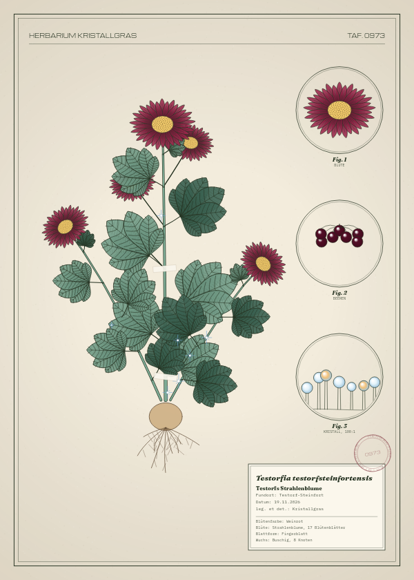 Botanische Tafel: Testorfia testorfsteinfortensis, eine erfundene Pflanze aus Testorf-Steinfort, gezeichnet wie in einem alten Pflanzenatlas
