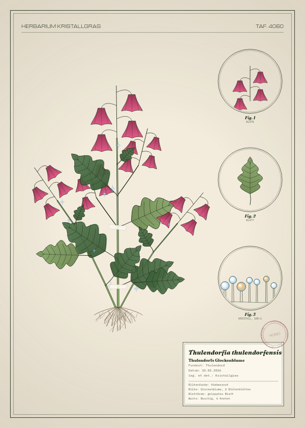 Botanische Tafel: Thulendorfia thulendorfensis, eine erfundene Pflanze aus Thulendorf, gezeichnet wie in einem alten Pflanzenatlas