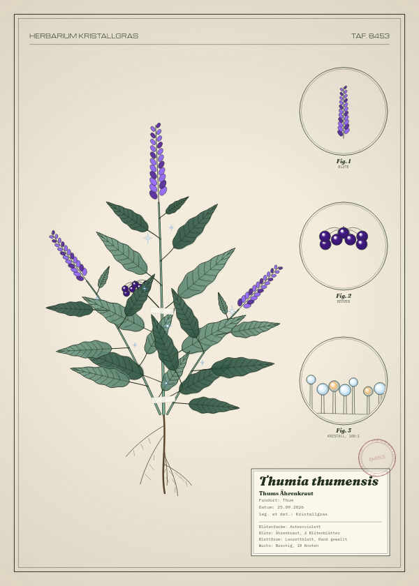Botanische Tafel: Thumia thumensis, eine erfundene Pflanze aus Thum, gezeichnet wie in einem alten Pflanzenatlas