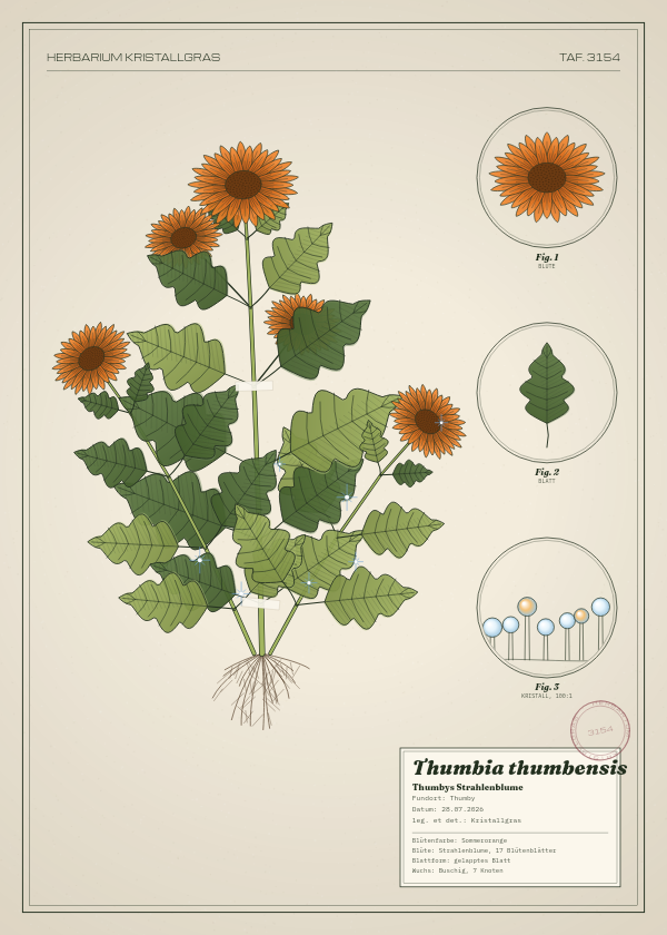 Botanische Tafel: Thumbia thumbensis, eine erfundene Pflanze aus Thumby, gezeichnet wie in einem alten Pflanzenatlas