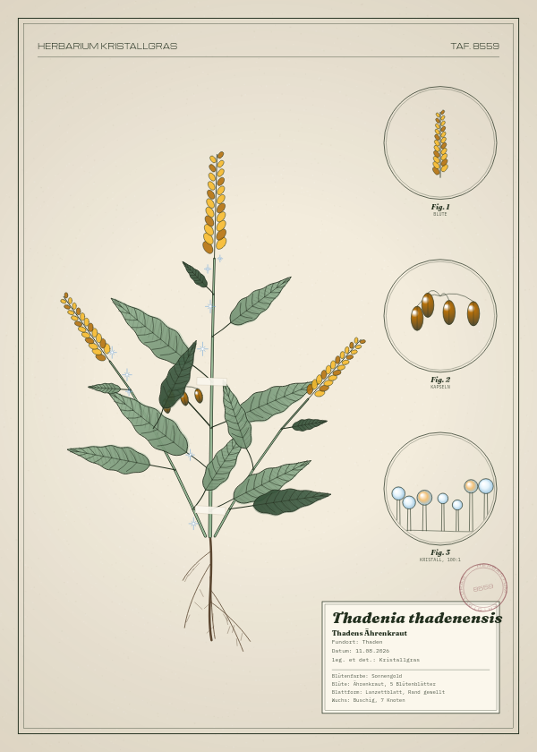 Botanische Tafel: Thadenia thadenensis, eine erfundene Pflanze aus Thaden, gezeichnet wie in einem alten Pflanzenatlas
