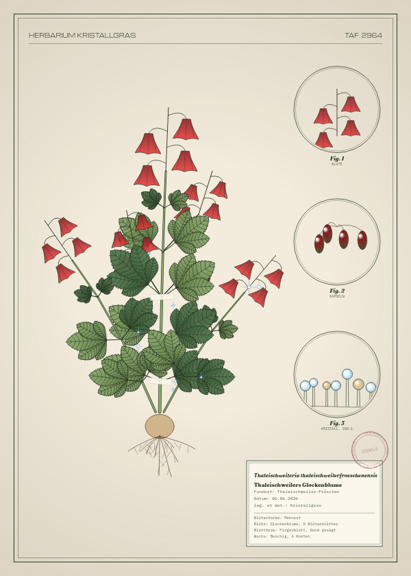Botanische Tafel: Thaleischweileria thaleischweilerfroeschenensis, eine erfundene Pflanze aus Thaleischweiler-Fröschen, gezeichnet wie in einem alten Pflanzenatlas