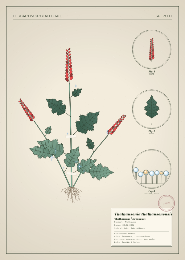 Botanische Tafel: Thalhausenia thalhausenensis, eine erfundene Pflanze aus Thalhausen, gezeichnet wie in einem alten Pflanzenatlas