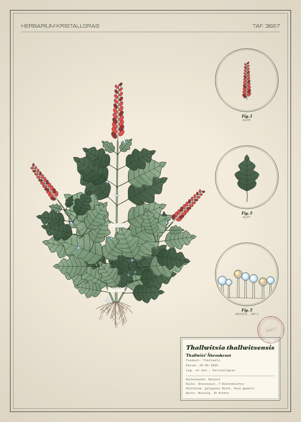 Botanische Tafel: Thallwitzia thallwitzensis, eine erfundene Pflanze aus Thallwitz, gezeichnet wie in einem alten Pflanzenatlas