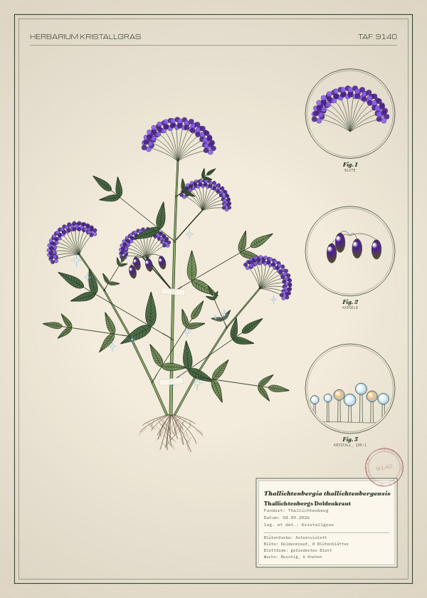 Botanische Tafel: Thallichtenbergia thallichtenbergensis, eine erfundene Pflanze aus Thallichtenberg, gezeichnet wie in einem alten Pflanzenatlas