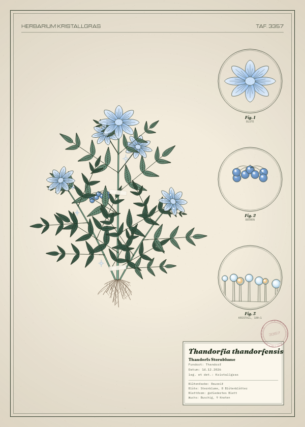 Botanische Tafel: Thandorfia thandorfensis, eine erfundene Pflanze aus Thandorf, gezeichnet wie in einem alten Pflanzenatlas