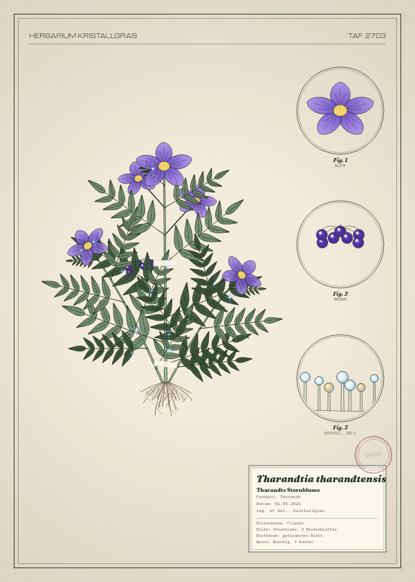 Botanische Tafel: Tharandtia tharandtensis, eine erfundene Pflanze aus Tharandt, gezeichnet wie in einem alten Pflanzenatlas