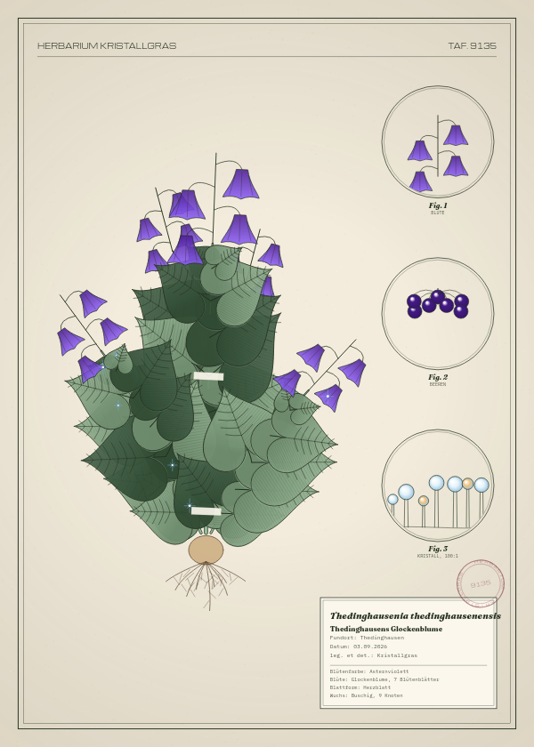 Botanische Tafel: Thedinghausenia thedinghausenensis, eine erfundene Pflanze aus Thedinghausen, gezeichnet wie in einem alten Pflanzenatlas