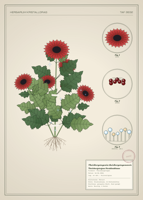 Botanische Tafel: Theisbergstegenia theisbergstegenensis, eine erfundene Pflanze aus Theisbergstegen, gezeichnet wie in einem alten Pflanzenatlas