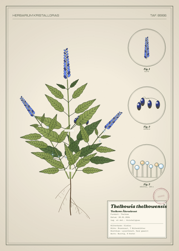 Botanische Tafel: Thelkowia thelkowensis, eine erfundene Pflanze aus Thelkow, gezeichnet wie in einem alten Pflanzenatlas