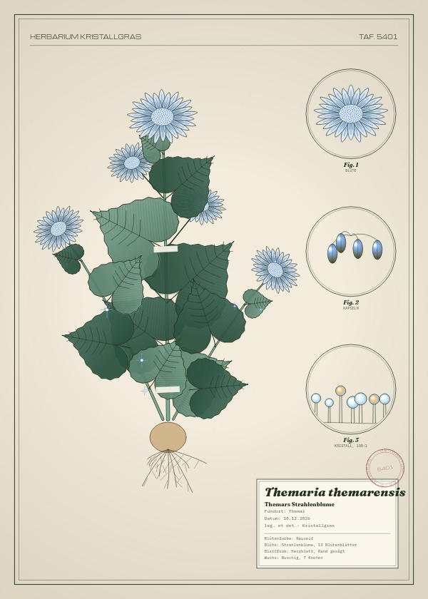 Botanische Tafel: Themaria themarensis, eine erfundene Pflanze aus Themar, gezeichnet wie in einem alten Pflanzenatlas
