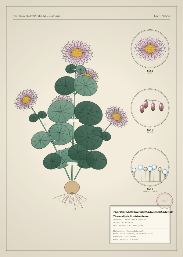 Botanische Tafel: Thermalbadia thermalbadwiesenbadensis, eine erfundene Pflanze aus Thermalbad Wiesenbad, gezeichnet wie in einem alten Pflanzenatlas