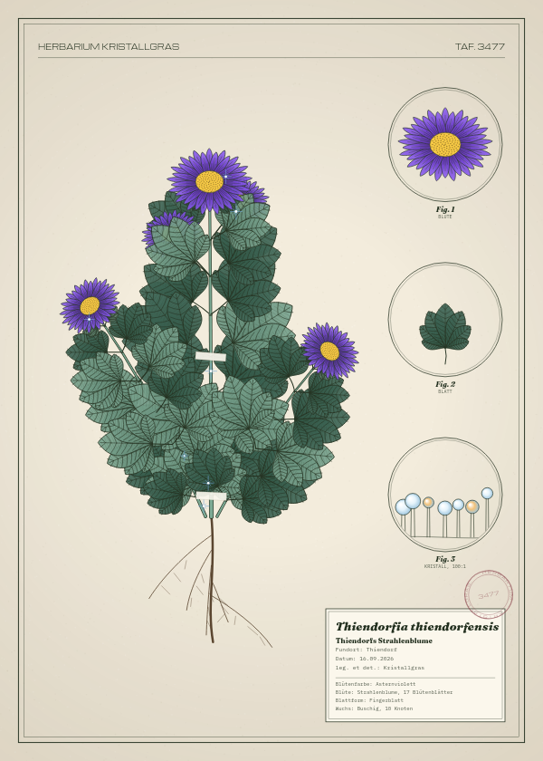 Botanische Tafel: Thiendorfia thiendorfensis, eine erfundene Pflanze aus Thiendorf, gezeichnet wie in einem alten Pflanzenatlas