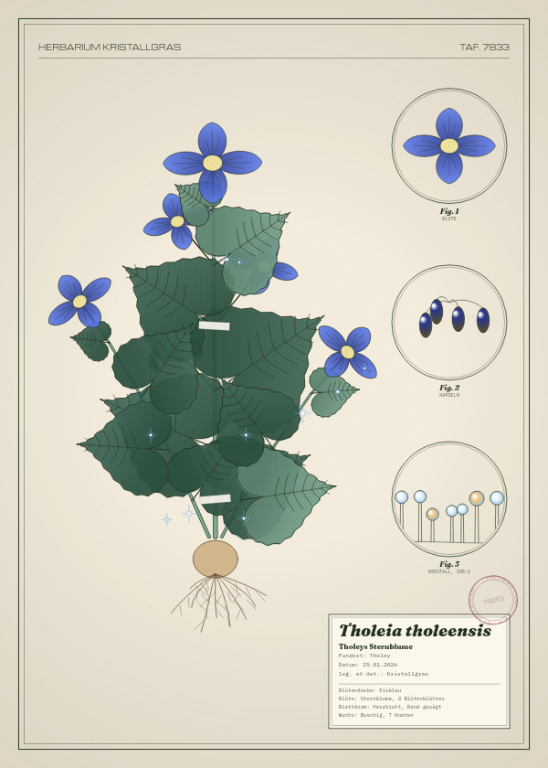 Botanische Tafel: Tholeia tholeensis, eine erfundene Pflanze aus Tholey, gezeichnet wie in einem alten Pflanzenatlas