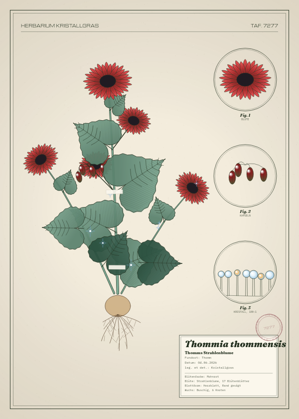 Botanische Tafel: Thommia thommensis, eine erfundene Pflanze aus Thomm, gezeichnet wie in einem alten Pflanzenatlas
