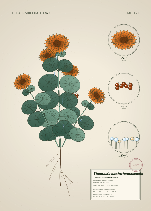 Botanische Tafel: Thomasia sanktthomasensis, eine erfundene Pflanze aus Sankt Thomas, gezeichnet wie in einem alten Pflanzenatlas