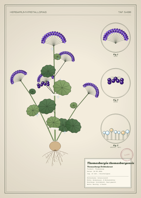 Botanische Tafel: Thomasburgia thomasburgensis, eine erfundene Pflanze aus Thomasburg, gezeichnet wie in einem alten Pflanzenatlas