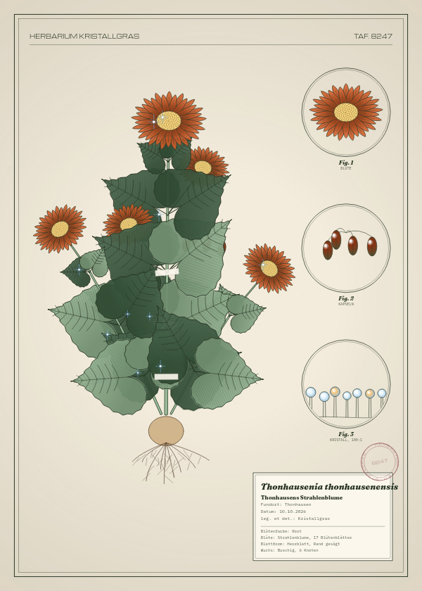 Botanische Tafel: Thonhausenia thonhausenensis, eine erfundene Pflanze aus Thonhausen, gezeichnet wie in einem alten Pflanzenatlas