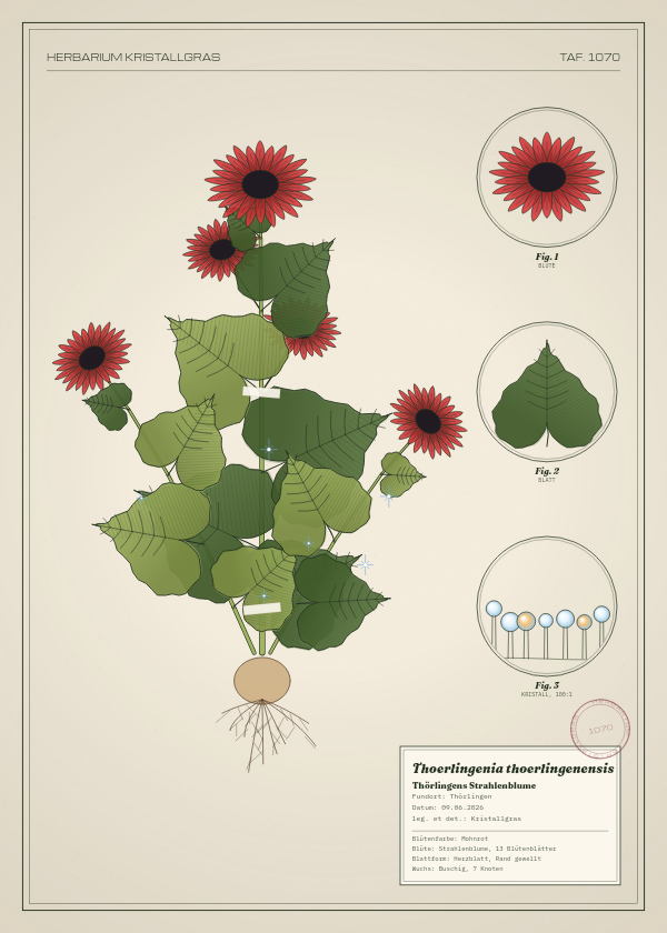 Botanische Tafel: Thoerlingenia thoerlingenensis, eine erfundene Pflanze aus Thörlingen, gezeichnet wie in einem alten Pflanzenatlas