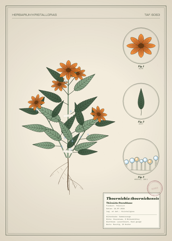 Botanische Tafel: Thoernichia thoernichensis, eine erfundene Pflanze aus Thörnich, gezeichnet wie in einem alten Pflanzenatlas