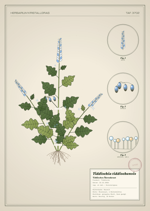 Botanische Tafel: Tiddischia tiddischensis, eine erfundene Pflanze aus Tiddische, gezeichnet wie in einem alten Pflanzenatlas
