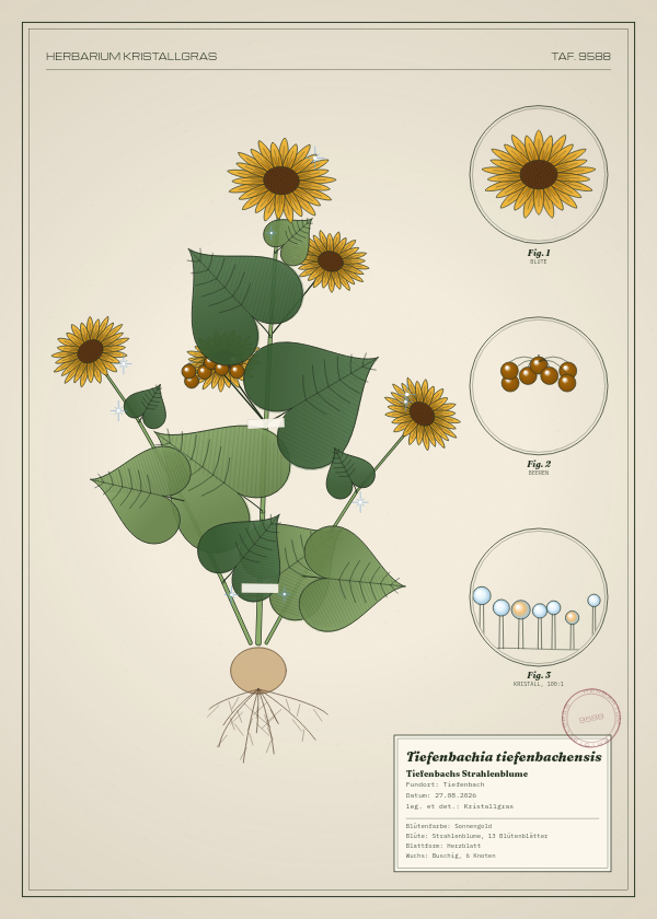 Botanische Tafel: Tiefenbachia tiefenbachensis, eine erfundene Pflanze aus Tiefenbach, gezeichnet wie in einem alten Pflanzenatlas