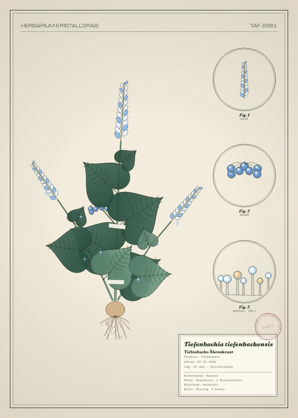 Botanische Tafel: Tiefenbachia tiefenbachensis, eine erfundene Pflanze aus Tiefenbach, gezeichnet wie in einem alten Pflanzenatlas
