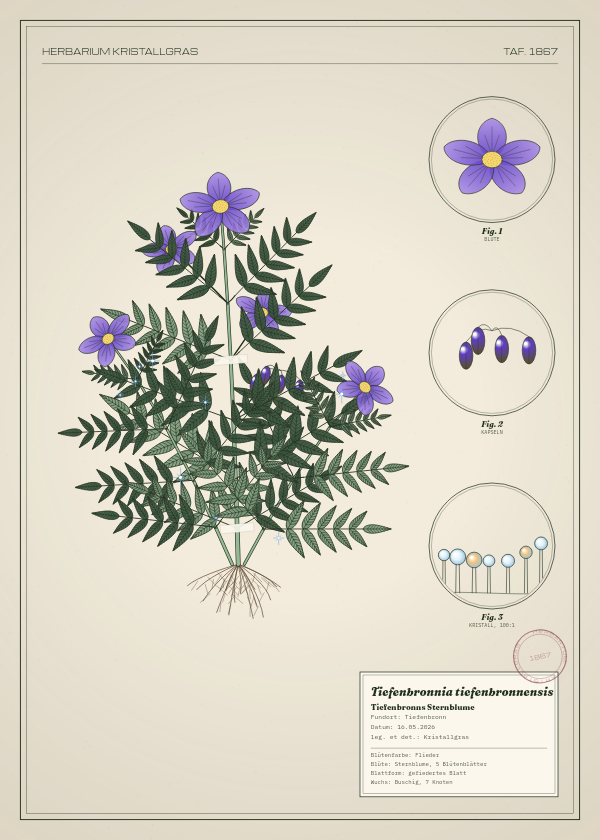 Botanische Tafel: Tiefenbronnia tiefenbronnensis, eine erfundene Pflanze aus Tiefenbronn, gezeichnet wie in einem alten Pflanzenatlas