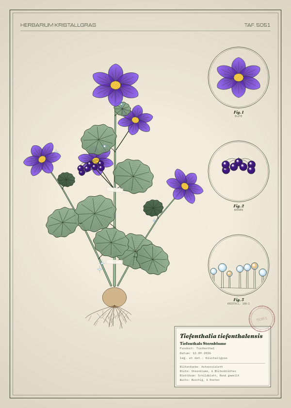 Botanische Tafel: Tiefenthalia tiefenthalensis, eine erfundene Pflanze aus Tiefenthal, gezeichnet wie in einem alten Pflanzenatlas