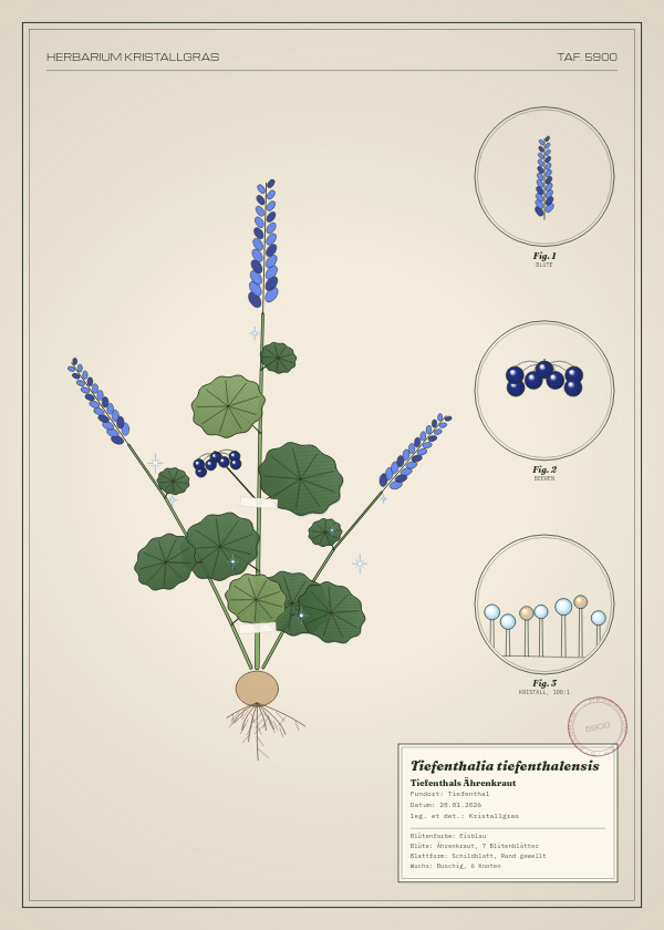Botanische Tafel: Tiefenthalia tiefenthalensis, eine erfundene Pflanze aus Tiefenthal, gezeichnet wie in einem alten Pflanzenatlas