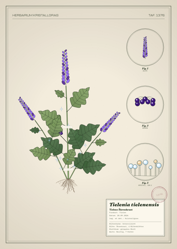 Botanische Tafel: Tielenia tielenensis, eine erfundene Pflanze aus Tielen, gezeichnet wie in einem alten Pflanzenatlas