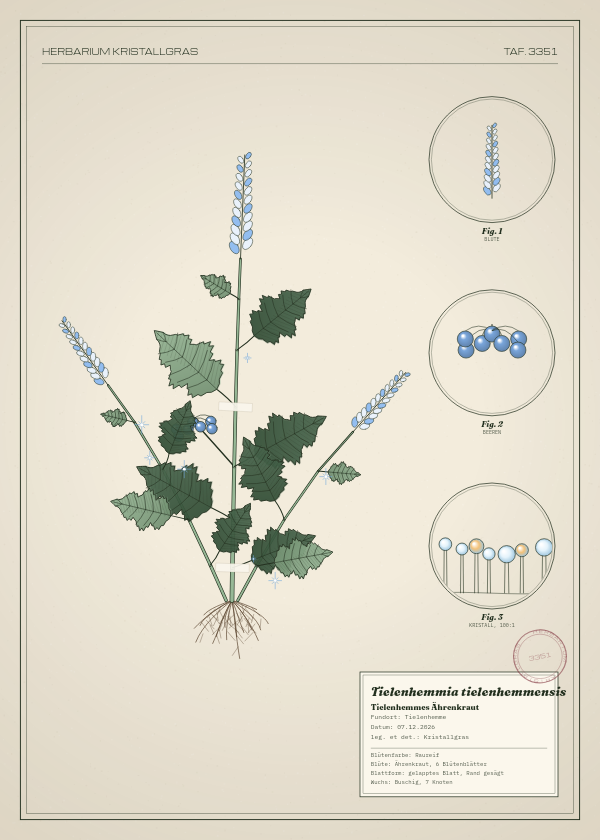 Botanische Tafel: Tielenhemmia tielenhemmensis, eine erfundene Pflanze aus Tielenhemme, gezeichnet wie in einem alten Pflanzenatlas