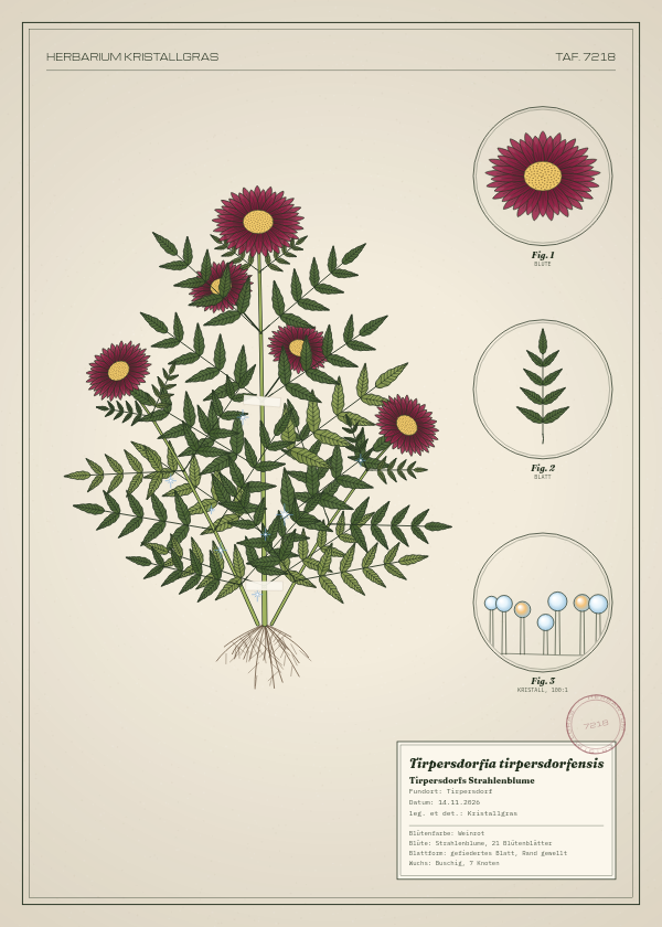 Botanische Tafel: Tirpersdorfia tirpersdorfensis, eine erfundene Pflanze aus Tirpersdorf, gezeichnet wie in einem alten Pflanzenatlas